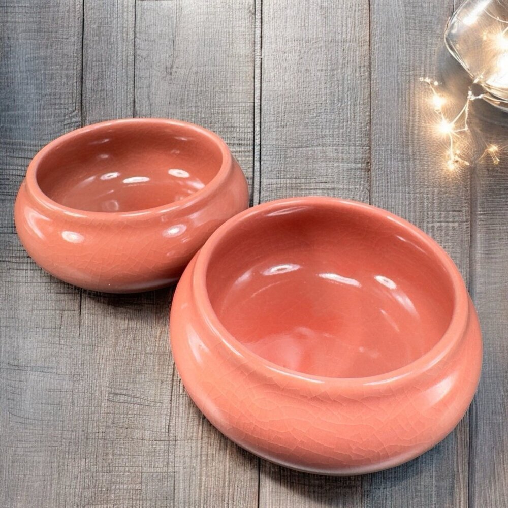 USA Pottery Dark Peony Peach Glaze Footed Salsa Dish Bowl Set 2 Crackle Glaze